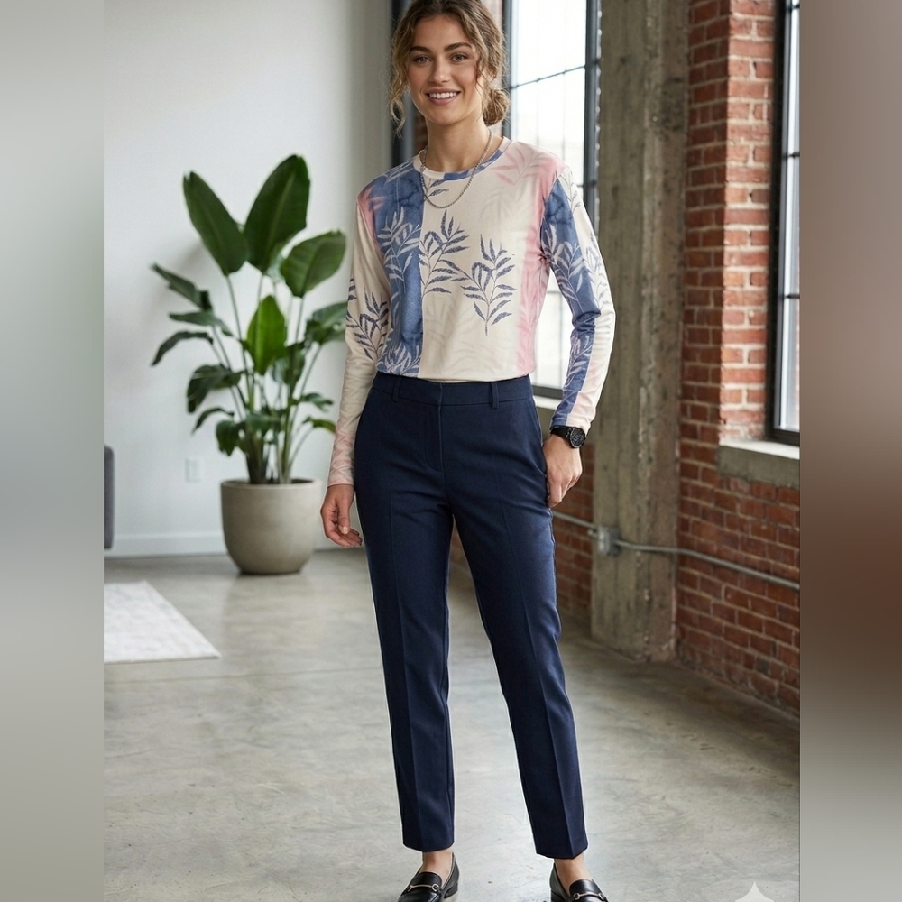 Abstract Botanical Print Long Sleeve Top, Blue & Pink Floral Crew Neck Blouse XL